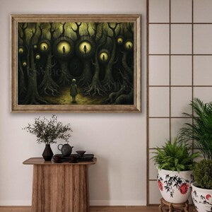 Surreal Dark Academia Metal Print Painting Haunting Figures in Trees Gothic Eerie Landscape Moody Wall Decor Framed Poster Print Artwork