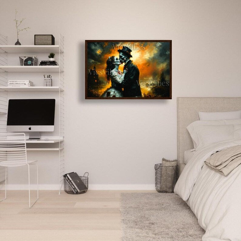 Eternal Undead Love: Haunted Gothic Zombie Lovers Embrace | Dark Romantic Horror Art | Poster | Canvas | Framed Wooden Painting