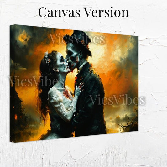 Eternal Undead Love: Haunted Gothic Zombie Lovers Embrace | Dark Romantic Horror Art | Poster | Canvas | Framed Wooden Painting