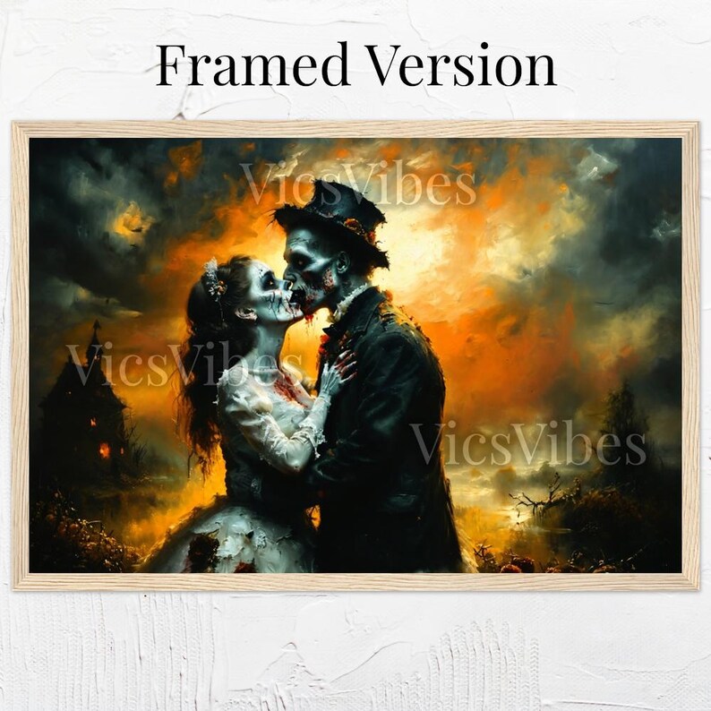 Eternal Undead Love: Haunted Gothic Zombie Lovers Embrace | Dark Romantic Horror Art | Poster | Canvas | Framed Wooden Painting