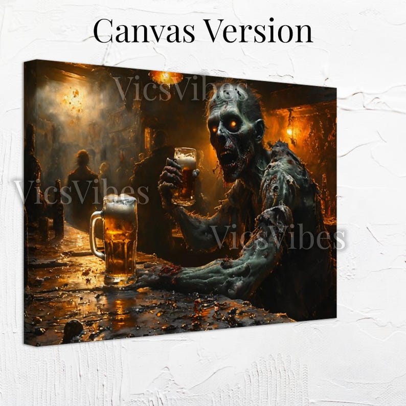 Undead Zombie Bar Scene Wall Art Halloween Gothic Decor Poster Canvas or Framed Print for Haunted Homes