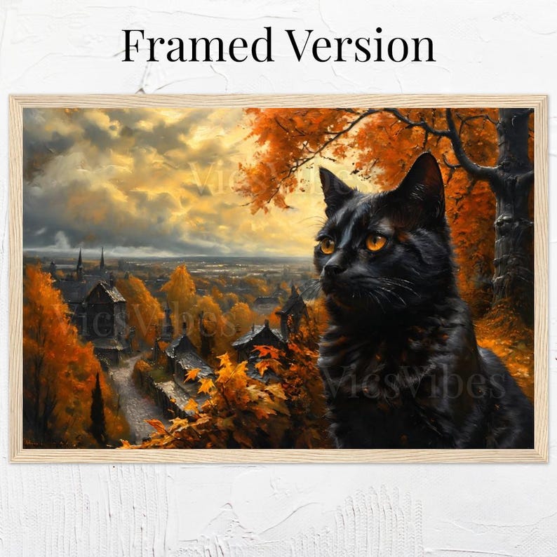 Black Cat Wall Art Halloween Fall Decor Autumn Leaves Village Scene Poster Canvas Framed Mystical Cat Print Witchy Home Decor Cozy