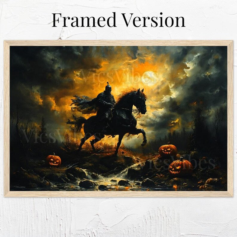 Headless Horseman Wall Art Halloween Gothic Decor Moonlit Scene Poster Canvas Jack-O'-Lanterns Framed Print Spooky Night Spooky Art