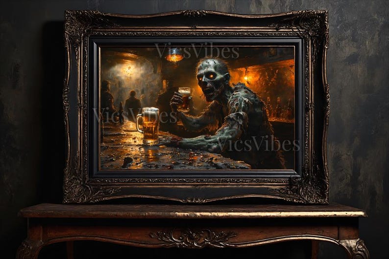 Undead Zombie Bar Scene Wall Art Halloween Gothic Decor Poster Canvas or Framed Print for Haunted Homes