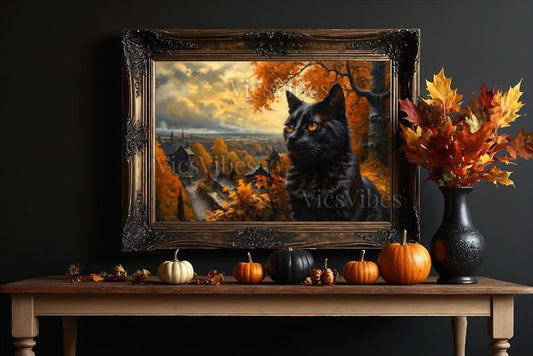 Black Cat Wall Art Halloween Fall Decor Autumn Leaves Village Scene Poster Canvas Framed Mystical Cat Print Witchy Home Decor Cozy
