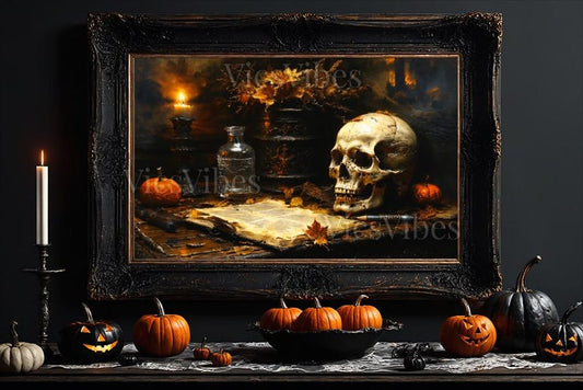 Skull Art Canvas Halloween Decor Spooky Gothic Still Life Candle Autumn Leaves Pumpkin Dark Fall Wall Art Framed Poster