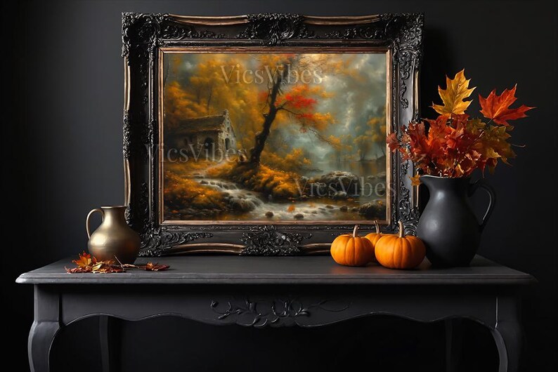 Autumn House Wall Art Fall Forest Stream Scene Rustic Cabin Poster Warm Landscape Framed Autumn Wall Decor Cozy Canvas Print