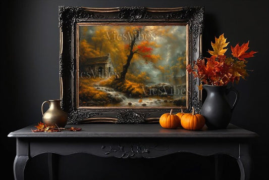 Autumn House Wall Art Fall Forest Stream Scene Rustic Cabin Poster Warm Landscape Framed Autumn Wall Decor Cozy Canvas Print