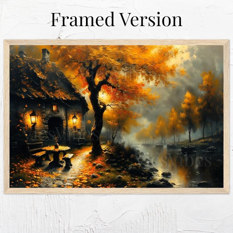 Rustic House Wall Art Fall River Scene Autumn Lanterns Framed Cozy Cabin Warm Trees Misty Dusk Landscape Poster Canvas Print Home Decor