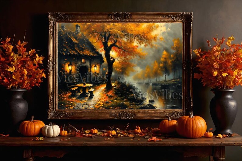 Rustic House Wall Art Fall River Scene Autumn Lanterns Framed Cozy Cabin Warm Trees Misty Dusk Landscape Poster Canvas Print Home Decor