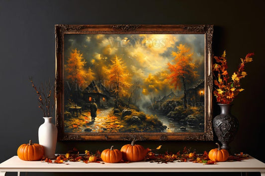 Rustic Village Autumn Cottage Wall Art Fall Landscape Spooky Halloween Night Poster Canvas or Framed Art Print