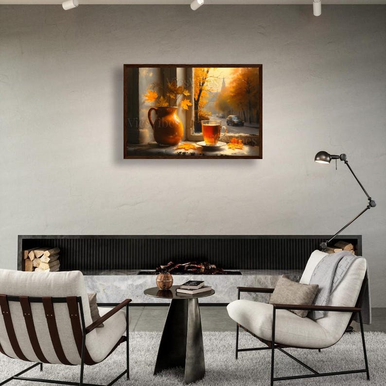 Cozy Fall Window Scene with Tea and Leaves Autumn Wall Art Poster Canvas or Framed Print for Warm Home Decor