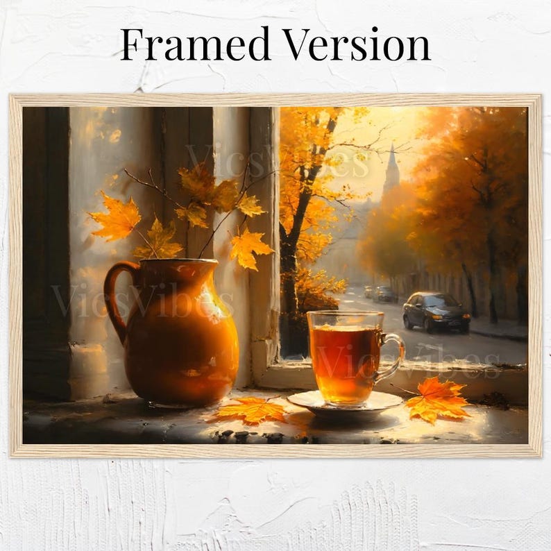 Cozy Fall Window Scene with Tea and Leaves Autumn Wall Art Poster Canvas or Framed Print for Warm Home Decor