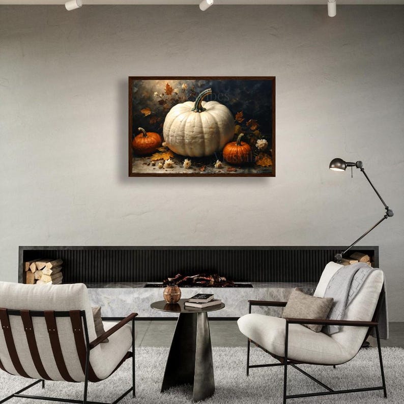 Autumn Pumpkins Still Life Wall Art Poster Canvas or Framed Art with White and Orange Pumpkins Fall Home Decor