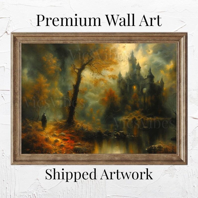 Fantasy Castle Fall Landscape Wall Art Gothic Fantasy Poster Canvas or Framed Art for Autumn Home Decor