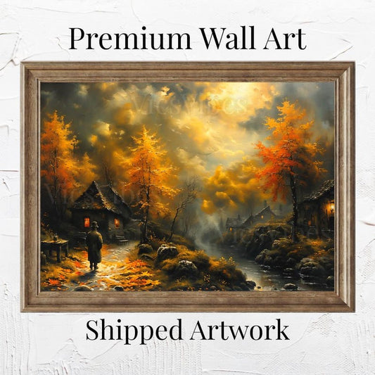 Rustic Village Autumn Cottage Wall Art Fall Landscape Spooky Halloween Night Poster Canvas or Framed Art Print