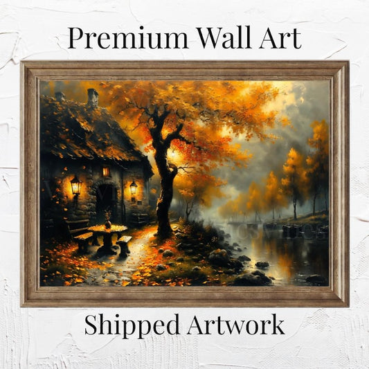 Rustic House Wall Art Fall River Scene Autumn Lanterns Framed Cozy Cabin Warm Trees Misty Dusk Landscape Poster Canvas Print Home Decor