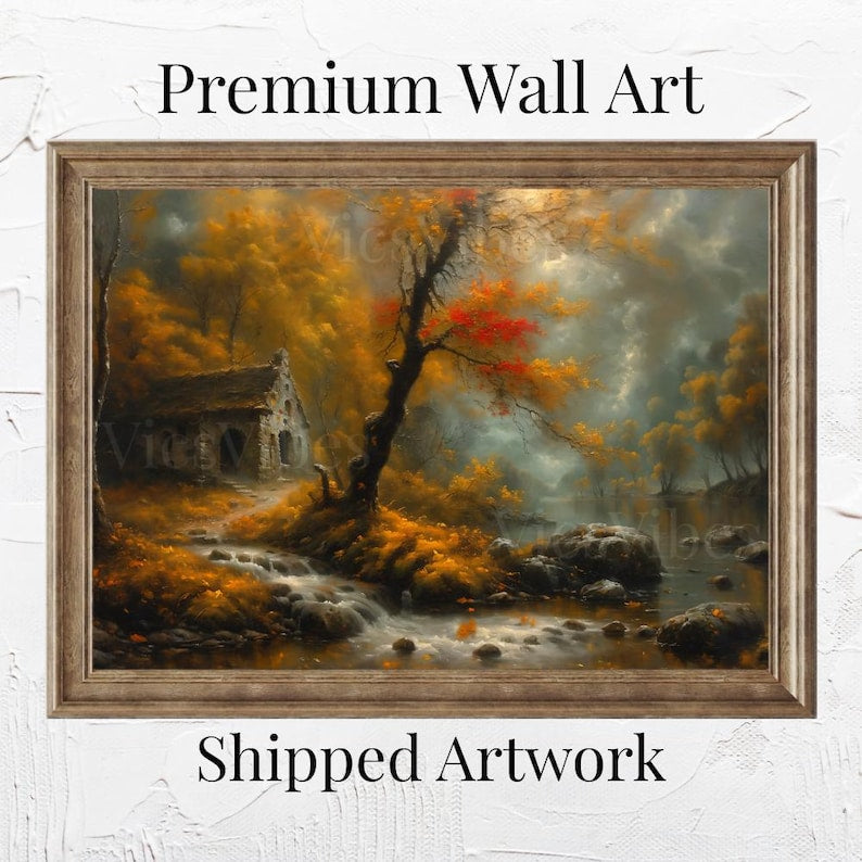 Autumn House Wall Art Fall Forest Stream Scene Rustic Cabin Poster Warm Landscape Framed Autumn Wall Decor Cozy Canvas Print