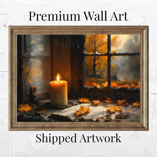Rustic Candle Wall Art Cozy Autumn Window Fall Leaves Poster Canvas Misty Cottage Landscape Framed Print Warm Home Decor Framed Canvas