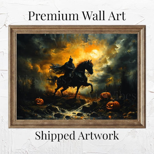 Headless Horseman Wall Art Halloween Gothic Decor Moonlit Scene Poster Canvas Jack-O'-Lanterns Framed Print Spooky Night Spooky Art