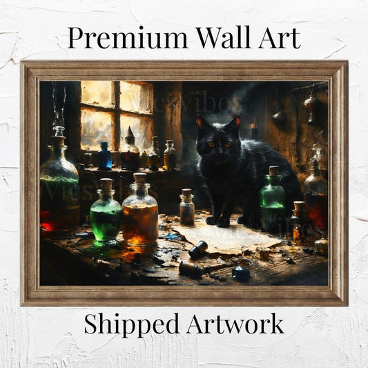 Halloween Black Cat Wall Art Rustic Cabin Scene Witchy Decor Warm Fall Light Framed Glass Bottles Cozy Home Poster Canvas Print
