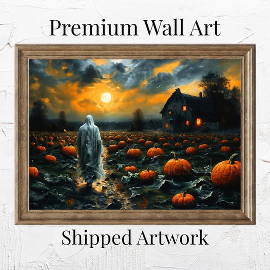 Spooky Ghost Wall Art Haunted House Pumpkin Patch Scene Full Moon Halloween Decor Framed Eerie Fall Poster Gothic Dark Canvas Print