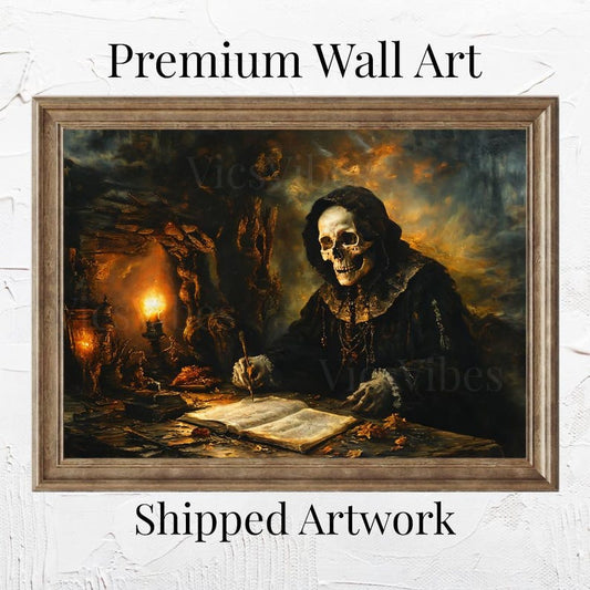 Vintage Skeleton Writing in Candlelight Gothic Book Lover Art Dark Fantasy Decor Halloween Art Skeleton Oil Painting Print and Ship
