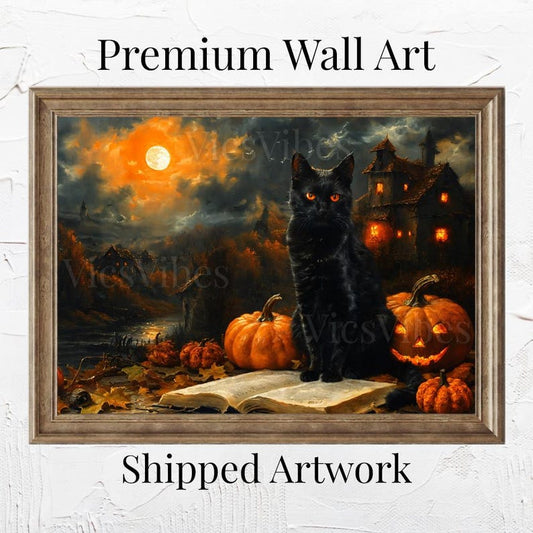 Black Cat Halloween Art | Vintage Pumpkin Scene | Gothic Fall Deco | Cat Painting | Spooky Pet Oil Painting | Halloween Cat | Print and Ship