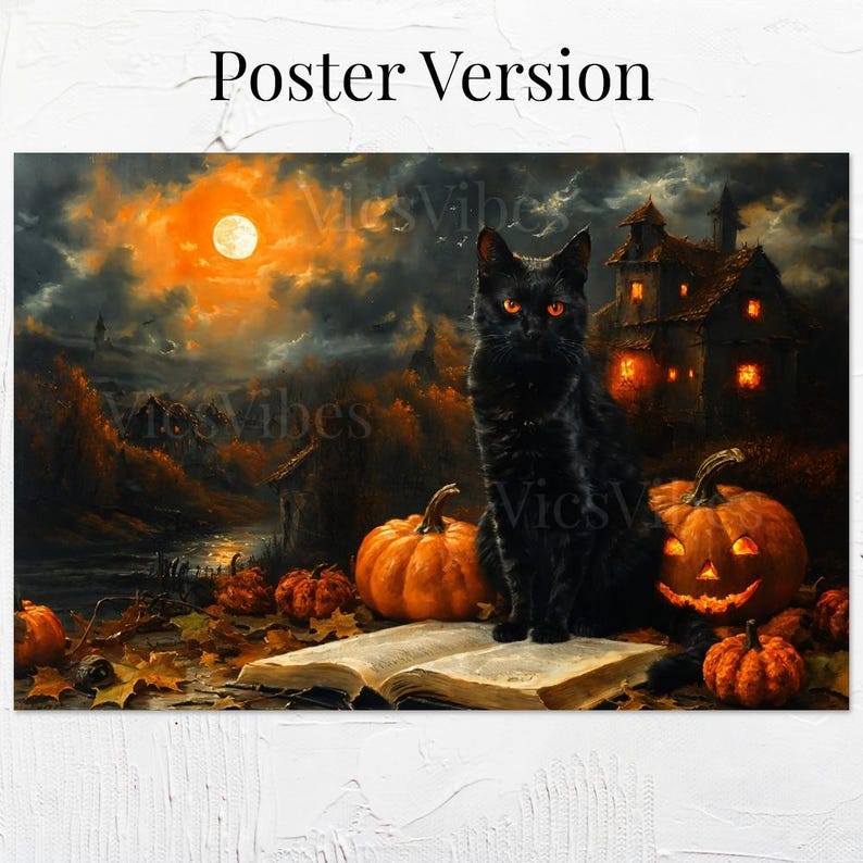 Black Cat Halloween Art | Vintage Pumpkin Scene | Gothic Fall Deco | Cat Painting | Spooky Pet Oil Painting | Halloween Cat | Print and Ship