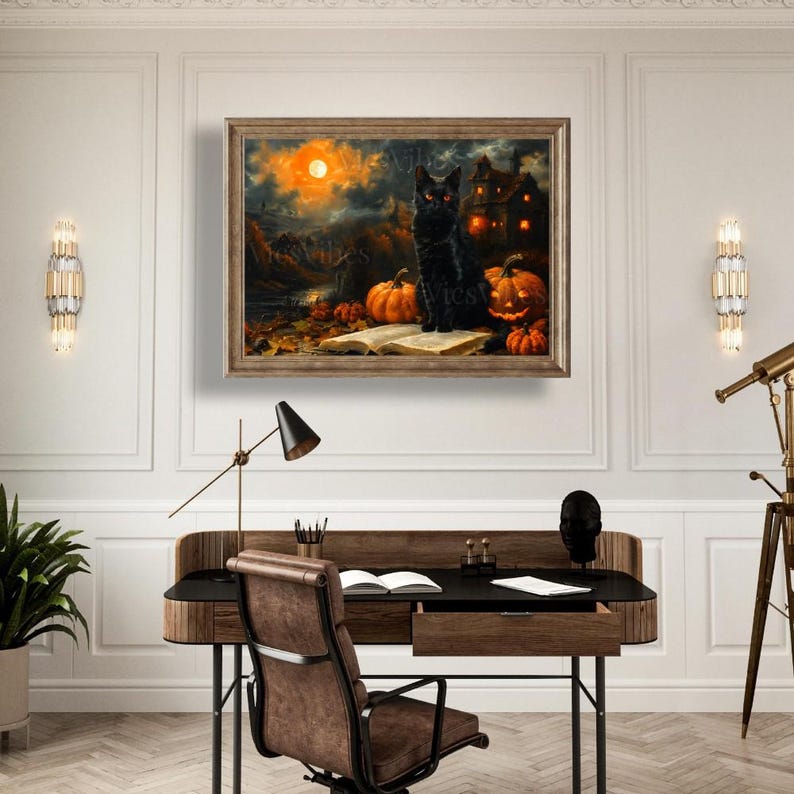 Black Cat Halloween Art | Vintage Pumpkin Scene | Gothic Fall Deco | Cat Painting | Spooky Pet Oil Painting | Halloween Cat | Print and Ship