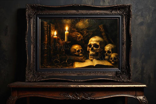 Vintage Skull Art Print Gothic Decor Candlelit Skull Painting Dark Academia Wall Art Gothic Skulls Vintage Dark Oil Painting Print and Ship