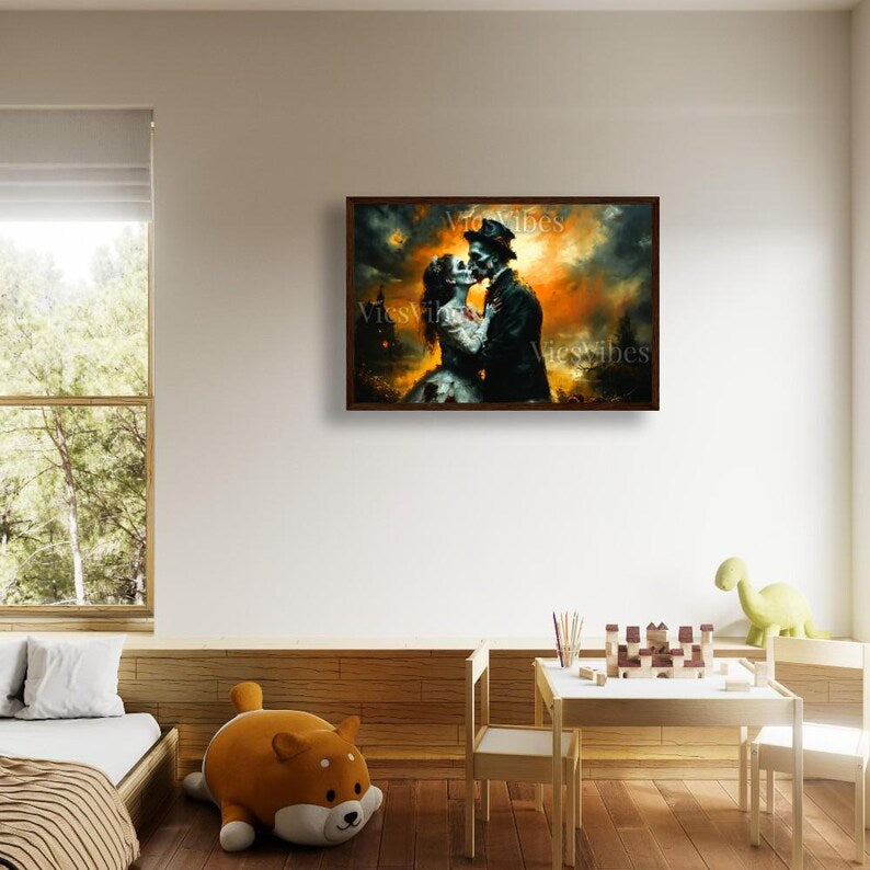 Eternal Undead Love: Haunted Gothic Zombie Lovers Embrace | Dark Romantic Horror Art | Poster | Canvas | Framed Wooden Painting