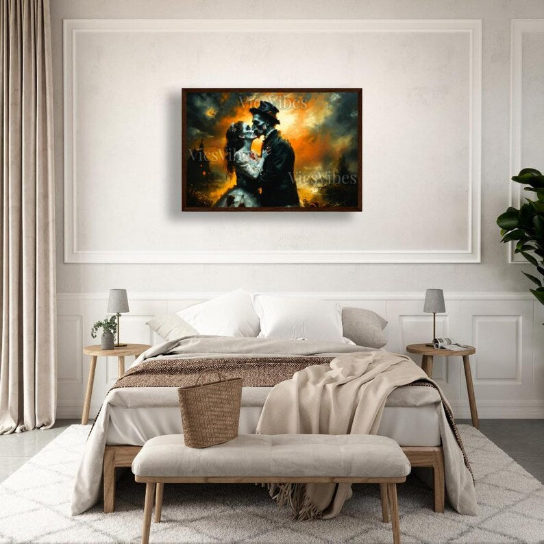 Eternal Undead Love: Haunted Gothic Zombie Lovers Embrace | Dark Romantic Horror Art | Poster | Canvas | Framed Wooden Painting