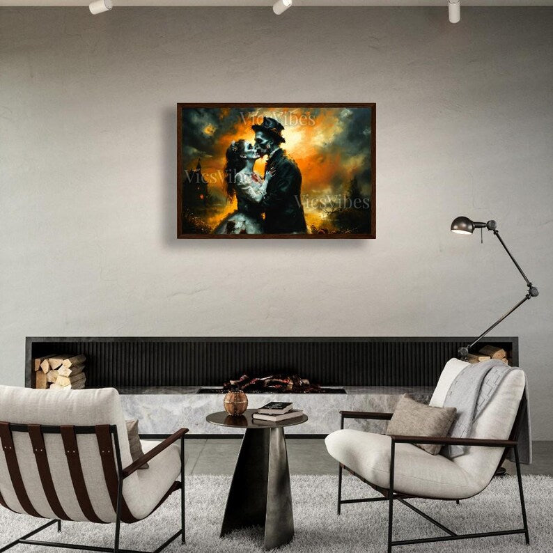Eternal Undead Love: Haunted Gothic Zombie Lovers Embrace | Dark Romantic Horror Art | Poster | Canvas | Framed Wooden Painting