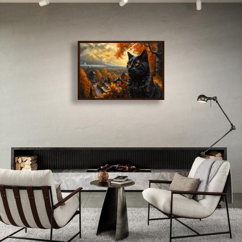 Black Cat Wall Art Halloween Fall Decor Autumn Leaves Village Scene Poster Canvas Framed Mystical Cat Print Witchy Home Decor Cozy