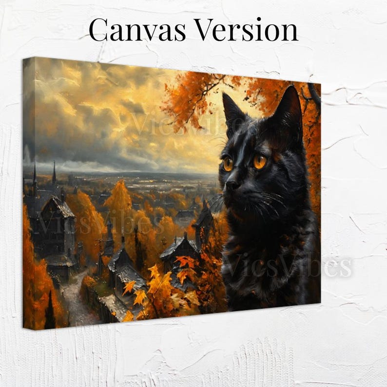 Black Cat Wall Art Halloween Fall Decor Autumn Leaves Village Scene Poster Canvas Framed Mystical Cat Print Witchy Home Decor Cozy