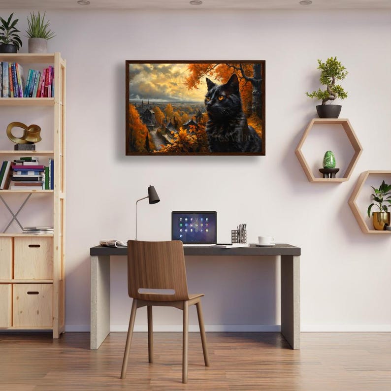 Black Cat Wall Art Halloween Fall Decor Autumn Leaves Village Scene Poster Canvas Framed Mystical Cat Print Witchy Home Decor Cozy