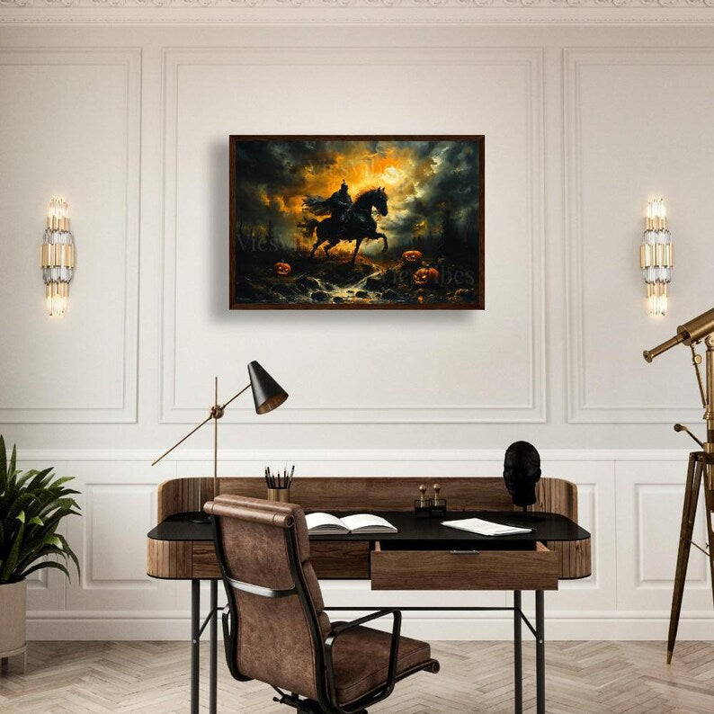 Headless Horseman Wall Art Halloween Gothic Decor Moonlit Scene Poster Canvas Jack-O'-Lanterns Framed Print Spooky Night Spooky Art