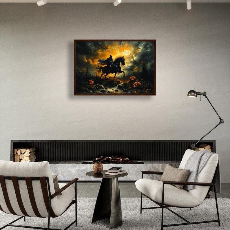 Headless Horseman Wall Art Halloween Gothic Decor Moonlit Scene Poster Canvas Jack-O'-Lanterns Framed Print Spooky Night Spooky Art