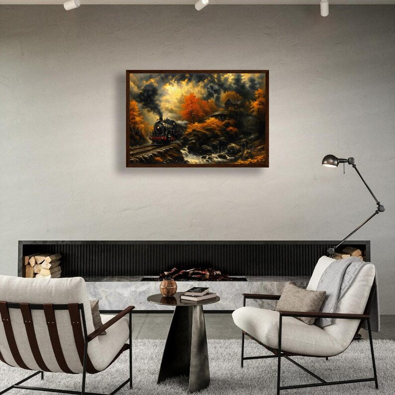 Train Landscape Wall Art Autumn Steam Train Poster Fall Forest Scene Cozy Cabin Wall Decor Framed Rustic Stream Painting Canvas Print
