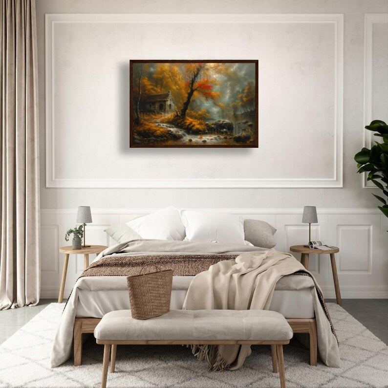 Autumn House Wall Art Fall Forest Stream Scene Rustic Cabin Poster Warm Landscape Framed Autumn Wall Decor Cozy Canvas Print