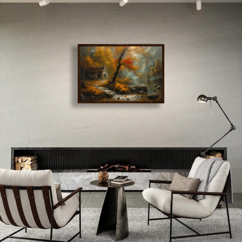 Autumn House Wall Art Fall Forest Stream Scene Rustic Cabin Poster Warm Landscape Framed Autumn Wall Decor Cozy Canvas Print