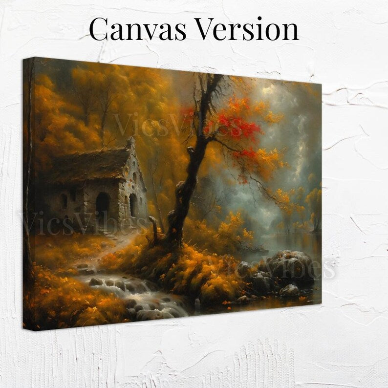 Autumn House Wall Art Fall Forest Stream Scene Rustic Cabin Poster Warm Landscape Framed Autumn Wall Decor Cozy Canvas Print