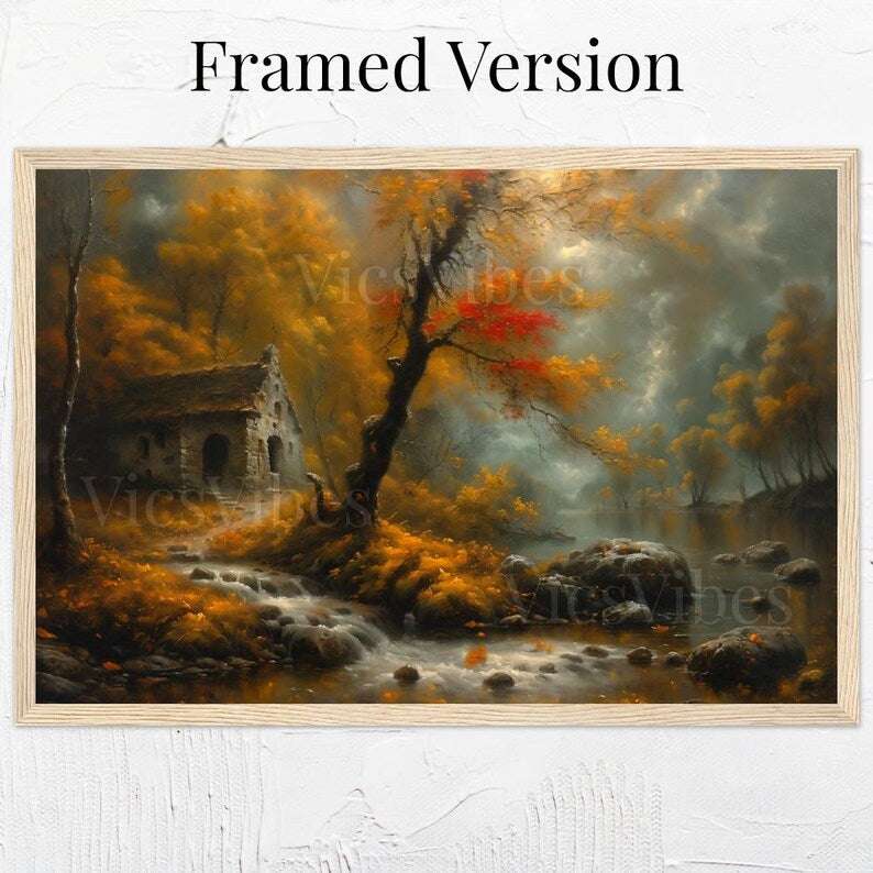 Autumn House Wall Art Fall Forest Stream Scene Rustic Cabin Poster Warm Landscape Framed Autumn Wall Decor Cozy Canvas Print