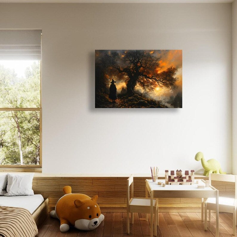 Witch Wall Art Gothic Landscape Twisted Tree Sunset Scene Spooky Halloween Decor Framed Dark Fantasy Eerie Poster Canvas Print
