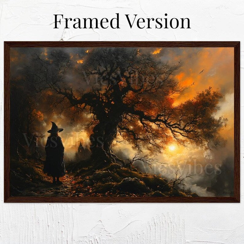 Witch Wall Art Gothic Landscape Twisted Tree Sunset Scene Spooky Halloween Decor Framed Dark Fantasy Eerie Poster Canvas Print
