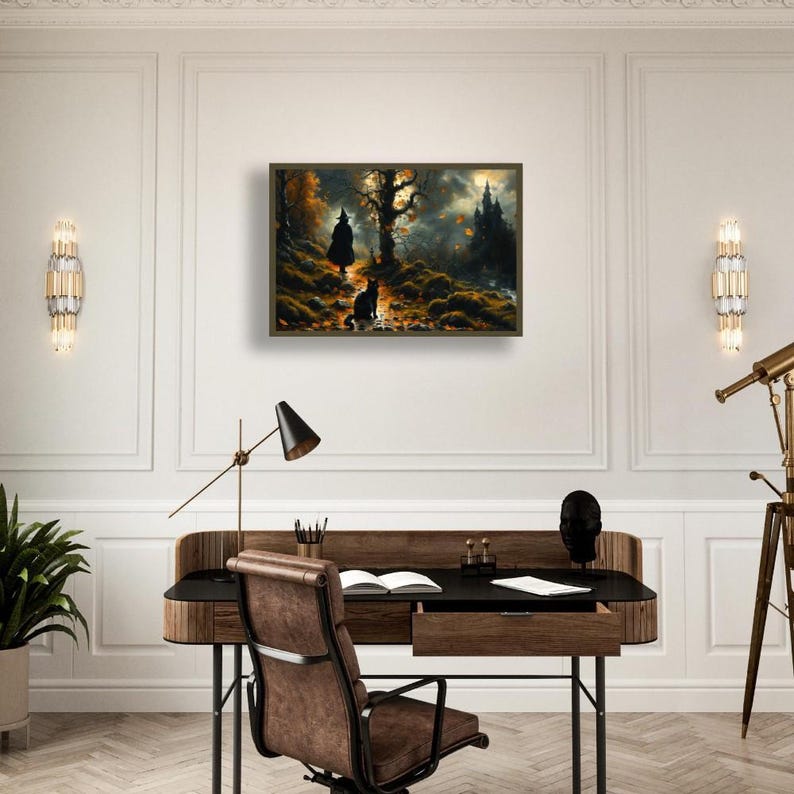 Witch and Black Cat Wall Art Gothic Castle Scene Eerie Fall Landscape Halloween Framed Decor Spooky Poster Autumn Leaves Dark Fantasy