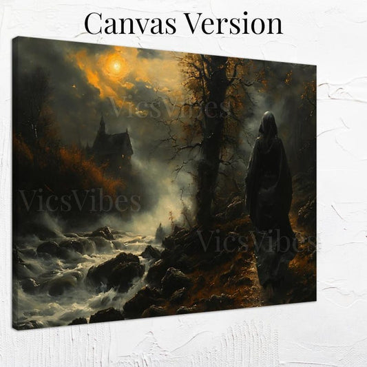 Haunted Path Wall Art Ghostly Figure Scene Framed Poster Moonlit Night Eerie Landscape Spooky Decor Haunted House Canvas Print