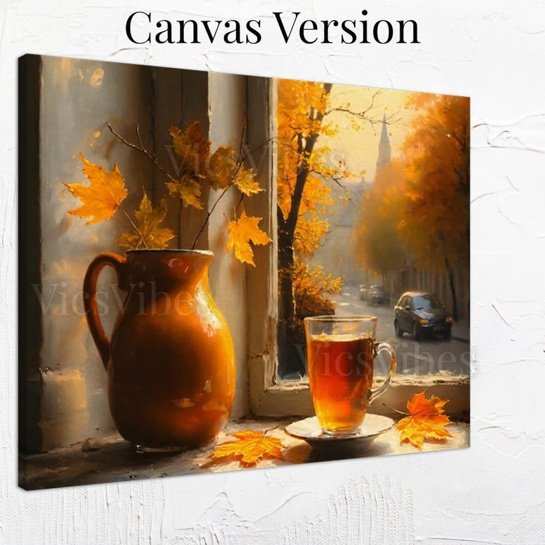 Cozy Fall Window Scene with Tea and Leaves Autumn Wall Art Poster Canvas or Framed Print for Warm Home Decor