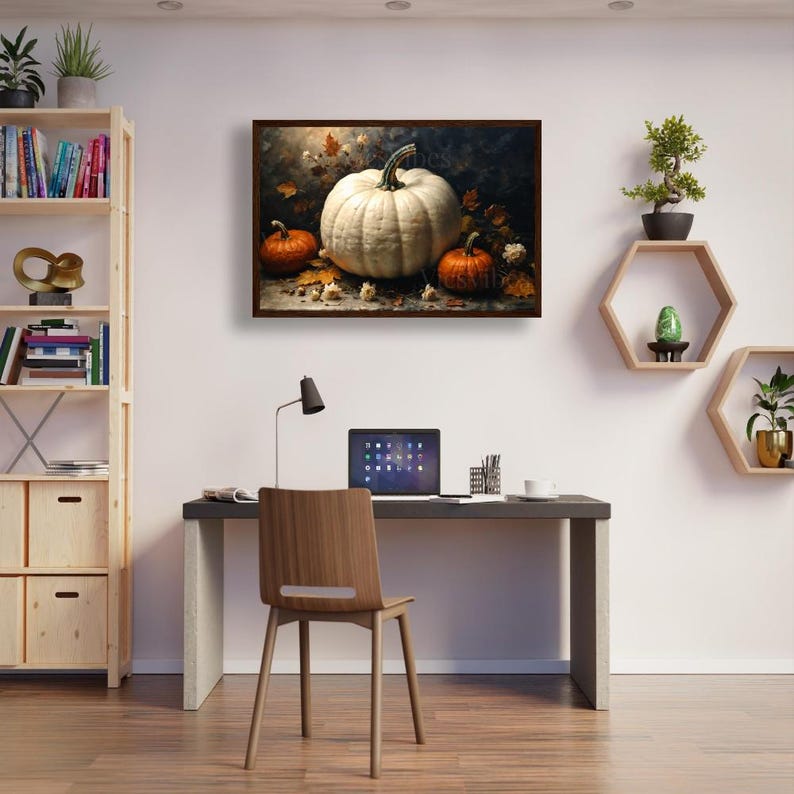 Autumn Pumpkins Still Life Wall Art Poster Canvas or Framed Art with White and Orange Pumpkins Fall Home Decor